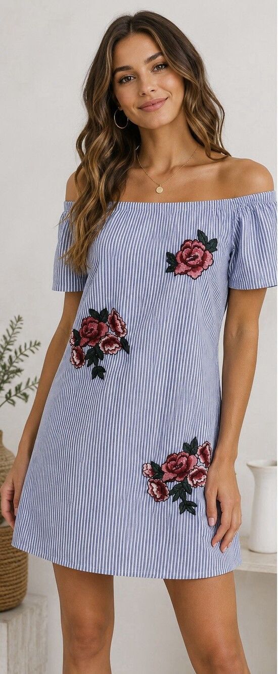 Style Envy Striped Floral Embroidered Off Shoulder Mini Dress Women’s M Boho